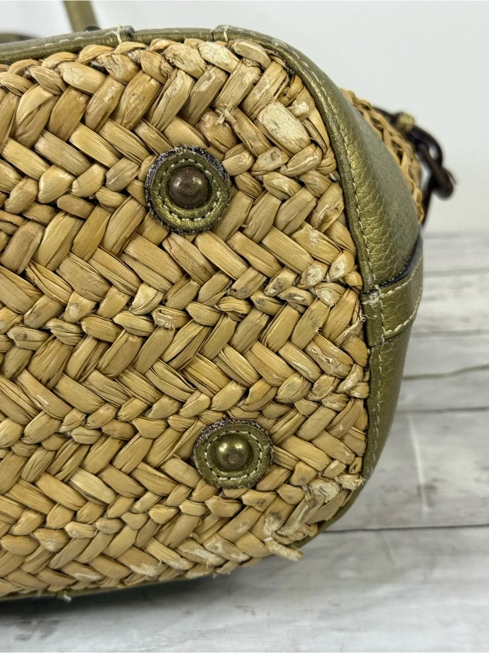 J. Crew Straw Tote with Metallic Gold Trim and Navy Interior